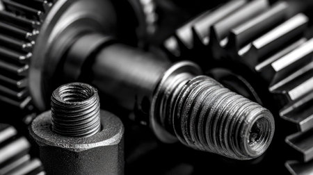 This image features a close-up view of intricate mechanical gears and threaded metal parts, highlighting the complexity and precision of engineering design.の素材