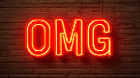 A striking neon sign featuring the abbreviation 'OMG' radiates vibrant energy against a textured brick wall. Ideal for adding character to modern spaces.の素材