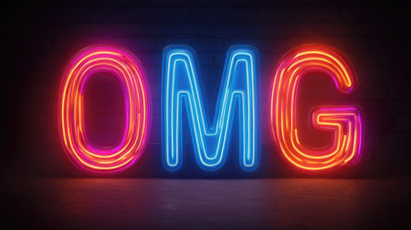 Bright neon letters spelling "OMG" create a vibrant atmosphere against a dark wall, perfect for capturing attention in artistic displays or nightlife settings.の素材