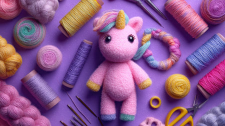 A charming crochet unicorn toy sits amid vibrant craft supplies, including colorful yarn and tools. Perfect for enhancing creativity and artistry in workshops.の素材