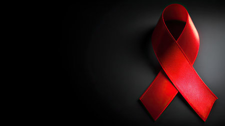 A striking red awareness ribbon set against a dark background, symbolizing hope and solidarity for various health causes and charitable campaigns.の素材