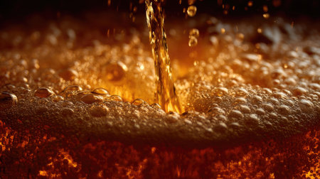 Experience the mesmerizing beauty of bubbles forming in a golden liquid as it is poured. This close-up captures the elegance and texture of the beverage, inviting a sense of refreshment and enjoyment.の素材