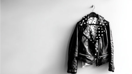 This artistic image features a stylish black leather jacket with a unique polka dot lining, elegantly hanging on a silhouette against a minimal backdrop. Perfect for fashion enthusiasts.の素材