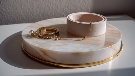A stunning jewelry display featuring a marble tray with gold accents, showcasing a lovely bracelet and ring. Perfect for stylish home decor and organization.の素材