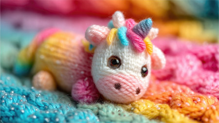 A charming handcrafted unicorn toy lies on a vibrant knitted background, showcasing its unique colors and soft textures, perfect for gifts or decor.の素材