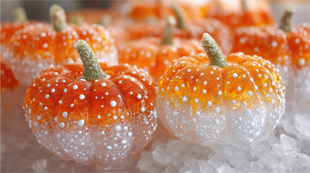 A beautiful arrangement of dewy, sparkling orange pumpkins on ice, showcasing their vibrant colors and intricate textures, perfect for seasonal celebrations.の素材