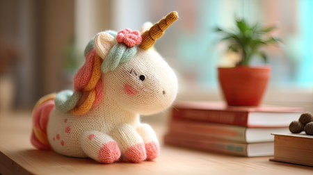 This whimsical unicorn plush toy features a soft, knitted design with vibrant colors, adding a playful touch to any room or child's nursery. Perfect gift!の素材