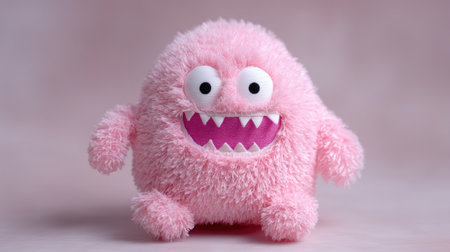 A delightful pink plush monster toy with big eyes and a cheerful smile, perfect for playtime or as a decorative piece in children's rooms.の素材