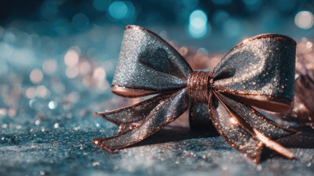 A beautiful silver bow adorned with sparkles sits elegantly on a glittery background, perfect for festive decorations or gift presentations.の素材