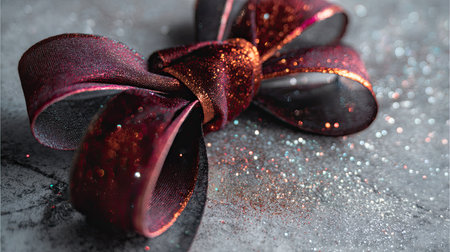 A stunning red and black glitter bow rests on a sparkling surface, ideal for gift wrapping and festive celebrations. This elegant design adds charm to any occasion.の素材