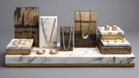 A sophisticated arrangement of gold jewelry displayed on a marble surface, highlighting elegance and luxury. Ideal for fashion and retail visuals.の素材