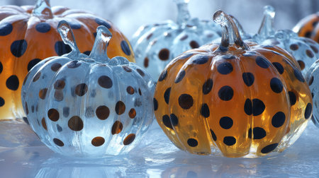 A beautiful arrangement of colorful glass pumpkins featuring playful polka dots, creating a unique decorative piece perfect for autumn and Halloween celebrations.の素材