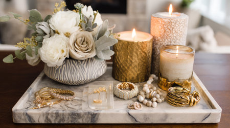 A beautifully arranged tabletop featuring elegant candles, fresh flowers, and stylish jewelry. Ideal for inspiring cozy home decor and chic aesthetics.の素材