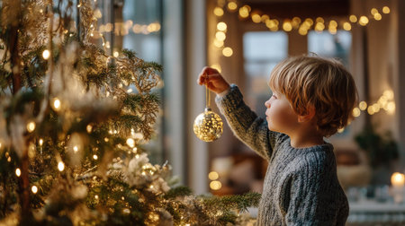 A cozy scene of a young boy placing a golden ornament on a beautifully decorated Christmas tree, surrounded by soft lights and festive charm, evoking holiday spirit and joy.の素材