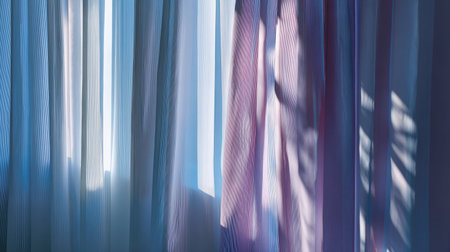 Gentle light streams through colorful sheer curtains, creating a tranquil atmosphere in a modern interior. Ideal for relaxation and aesthetic appeal.の素材