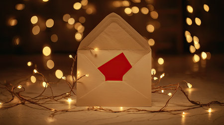 A beautiful gift envelope styled with a striking red accent rests on glowing holiday lights, creating a warm and inviting atmosphere ideal for celebrations.の素材