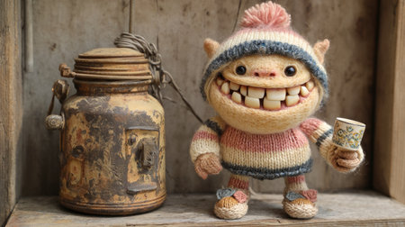 A vibrant and whimsical monster character stands beside a rustic vintage jar. The plush figure exudes cheerfulness with a big smile, inviting joy and creativity.の素材