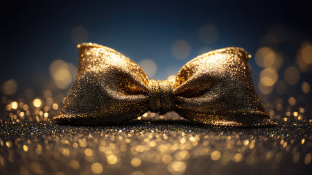 A stunning golden bow tie rests on a glittery surface, adorned with soft bokeh lights in the background, perfect for capturing elegance and celebration.の素材