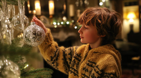 A young boy gently hangs a sparkling ornament on a Christmas tree, capturing the holiday spirit in a cozy living room filled with festive lights and decorations.の素材