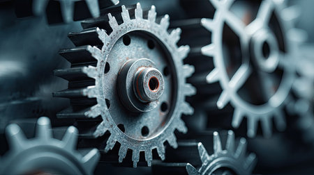 This close-up image showcases a collection of metallic gears, highlighting their intricate design and precise engineering. Ideal for themes of machinery and innovation.の素材