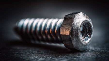 This macro image showcases a metallic screw resting on a dark surface, highlighting the intricate details and textures of the hardware. Ideal for industrial or DIY themes.の素材