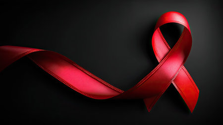 A striking red ribbon gracefully loops against a dark background, representing support and awareness in various health campaigns, symbolizing hope and unity.の素材