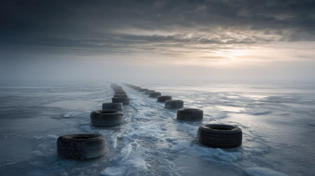 A captivating winter scene featuring a series of tires forming a path across a frozen landscape, shrouded in fog during dusk, evoking solitude and adventure.の素材