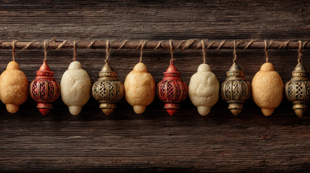 A stunning arrangement of decorative hanging lanterns in vintage style, showcasing craftsmanship and warmth against a rustic wooden background. Perfect for festive decor.の素材