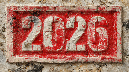 Close-up view of a weathered cement block displaying the year 2026 in bold red and white. The texture and colors showcase an industrial, vintage aesthetic perfect for various themes.の素材