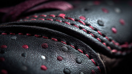 This close-up image showcases a stylish leather shoe featuring intricate red stitching and eye-catching polka dot details. Perfect for fashion and accessory themes.の素材