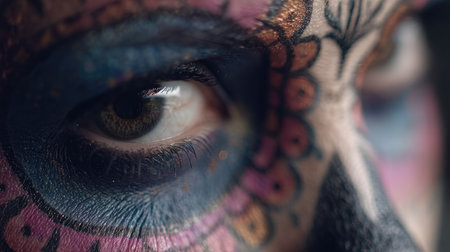 This close-up image captures the stunning detail of intricate face art featuring vivid colors and bold patterns. The expressive eye reflects creativity and cultural celebration.の素材