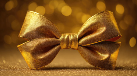 A stunning gold bow sits elegantly against a shimmering background, perfect for holiday gifts and special events. Ideal for festive decorations and invitations.の素材