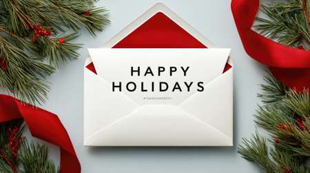 A stunning holiday greeting card featuring a white envelope with a red interior, surrounded by pine branches and a vibrant red ribbon, offering a festive touch.の素材