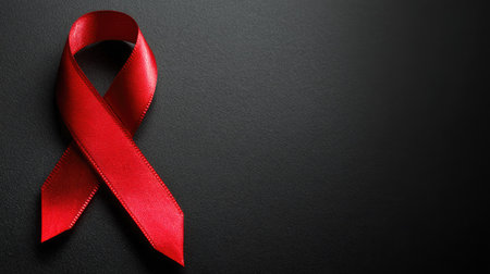 A vibrant red awareness ribbon on a dark background symbolizes support and hope for various health campaigns and initiatives. It encourages awareness and solidarity.の素材