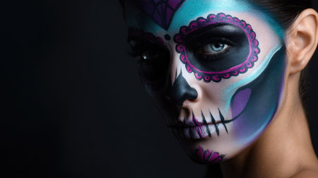 A captivating close-up portrait of a woman showcasing intricate sugar skull makeup, highlighting vibrant colors and artistic flair against a dark backdrop.の素材