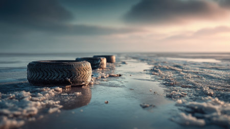 A striking image of abandoned tires resting on an icy shore, reflecting the dramatic sky. This scene captures the stillness and beauty of a winter landscape.の素材