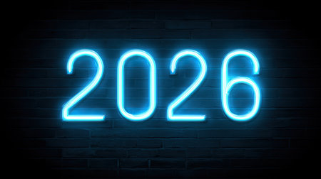 Vibrant neon light display showing the year 2026 against a dark wall, perfect for themes related to celebration, modern design, and futuristic events.の素材