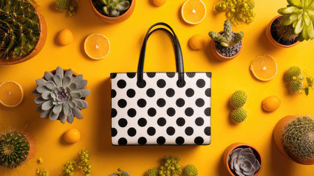 A chic black and white polka dot handbag set against a bright yellow background, surrounded by fresh citrus and succulent plants, creating a vibrant look.の素材