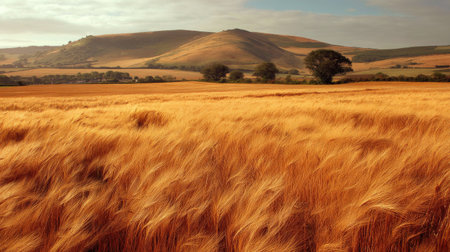A stunning view of a golden wheat field swaying gently in the breeze, set against rolling hills and a bright blue sky, evoking tranquility and natural beauty.の素材