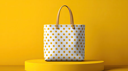 Bright and cheerful tote bag featuring yellow polka dots on a crisp white background, set against a vivid yellow backdrop, perfect for stylish shopping.の素材