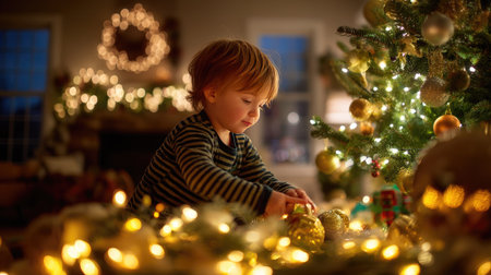 A young child joyfully decorates a beautifully lit Christmas tree with shining ornaments. The warm indoor atmosphere evokes feelings of holiday cheer and family togetherness.の素材