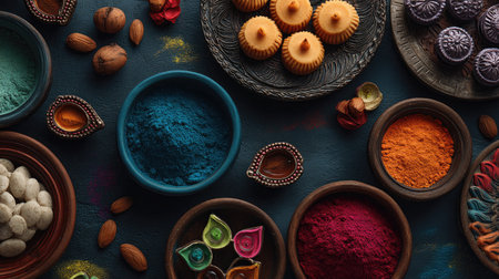 A stunning arrangement of vibrant Indian spices and traditional sweets, showcasing rich colors and textures, perfect for festive celebrations and culinary displays.の素材