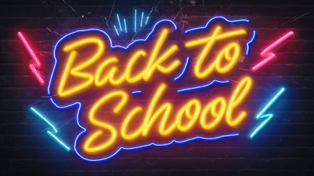 Eye-catching neon sign announcing back to school season, featuring bright colors and an energetic vibe. Perfect for educational promotions and events.の素材