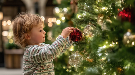 A young child joyfully decorates a Christmas tree with colorful ornaments, capturing a moment of wonder and innocence during the festive season.の素材