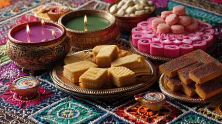 A vibrant arrangement of traditional sweets and candles on an ornate tablecloth, celebrating festive culture and joyful occasions with colorful treats.の素材