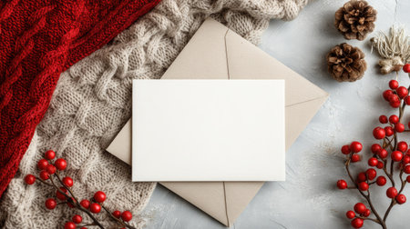 A cozy winter scene featuring a blank card on a knit fabric surrounded by pine cones and red berries, perfect for crafting seasonal invitations or messages.の素材