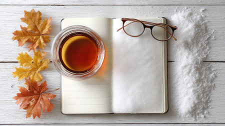 A warm autumn scene featuring a hot drink, an open notebook, a pair of glasses, and vibrant maple leaves on a rustic wooden table.の素材