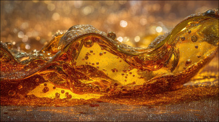 This image captures the mesmerizing motion of a golden liquid, revealing intricate bubbles and shimmering sparkles that convey beauty and elegance.の素材