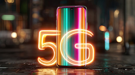 A colorful smartphone displays a glowing 5G signal, set against a vibrant urban night scene. This image highlights modern connectivity and technological innovation.の素材