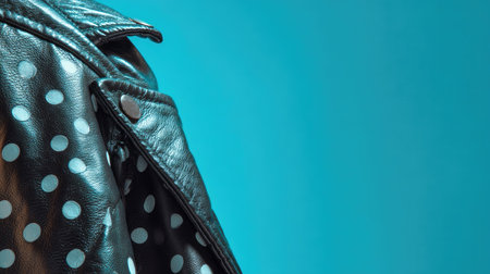 A trendy black leather jacket adorned with playful white polka dots, set against a vibrant blue background, showcasing modern fashion and unique style.の素材